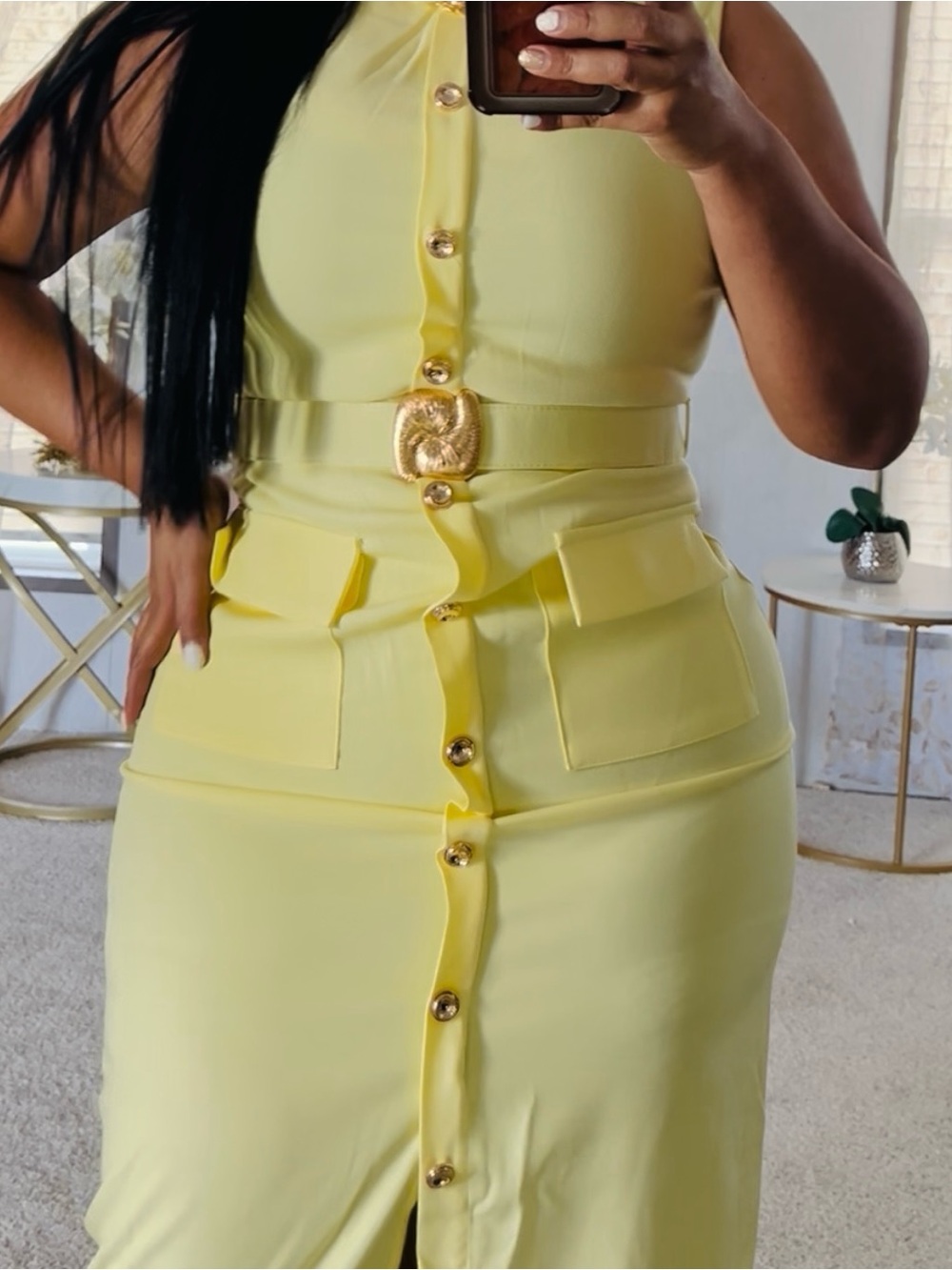 Yellow Sleeveless Midi Dress with Gold-Tone Button Detail